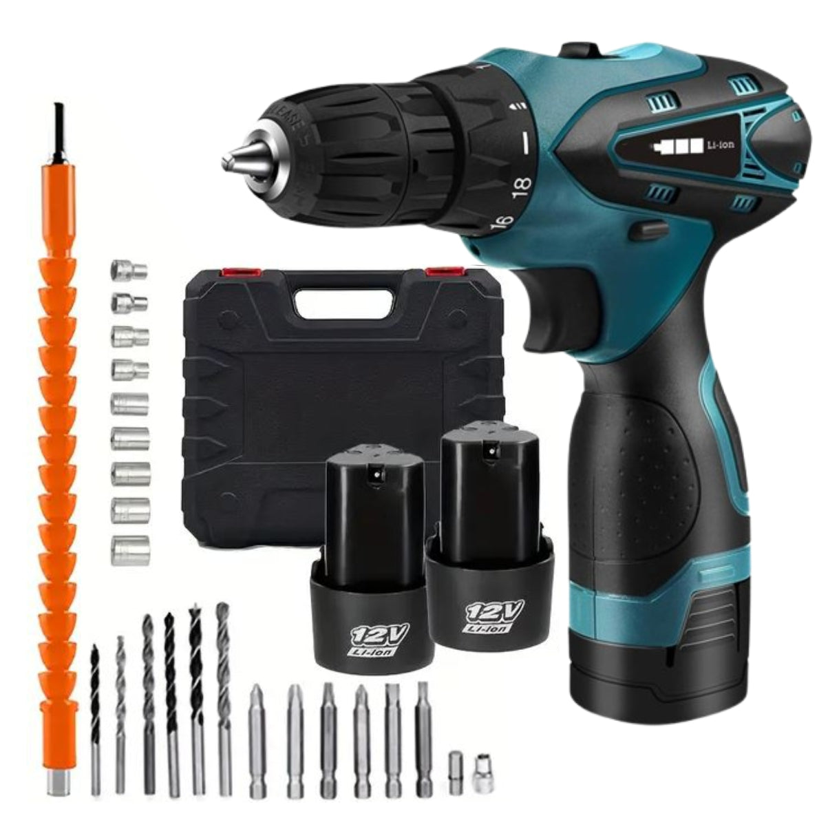 TALADRO INALÁMBRICO con PERCUTOR + 26 ACCESORIOS + 2 BATERIAS..