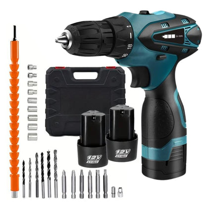 TALADRO INALÁMBRICO con PERCUTOR + 26 ACCESORIOS + 2 BATERIAS..