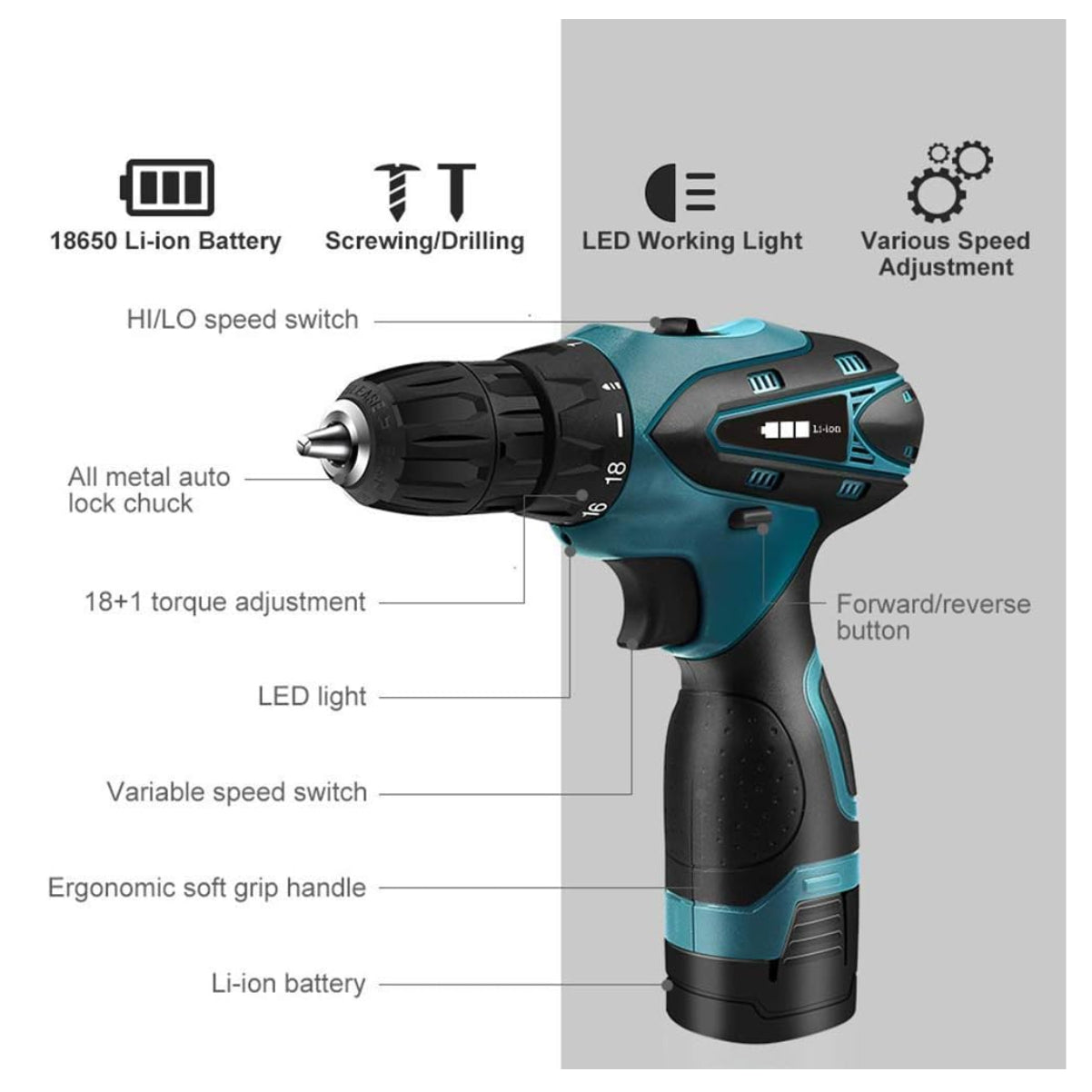 TALADRO INALÁMBRICO con PERCUTOR + 26 ACCESORIOS + 2 BATERIAS..