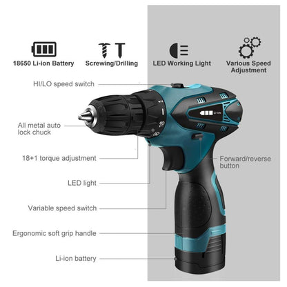 TALADRO INALÁMBRICO con PERCUTOR + 26 ACCESORIOS + 2 BATERIAS..