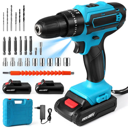 Taladro Inalámbrico 3 en 1 MAKITA | Taladro + Destornillador + Percutor + 26 accesorios y dos baterias.