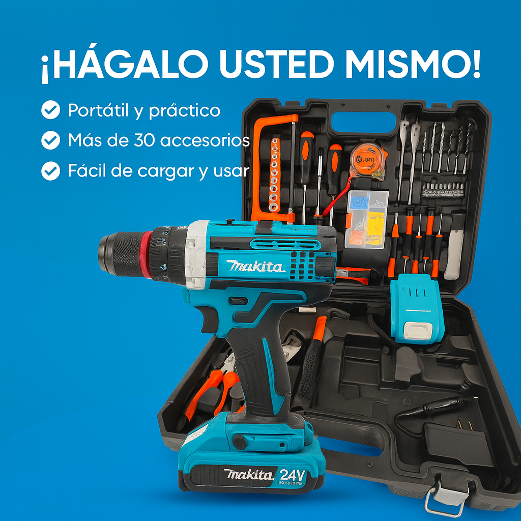 TALADRO INALÁMBRICO MAKITA PERCUTOR + ACCESORIOS + 2 BATERIAS 48V