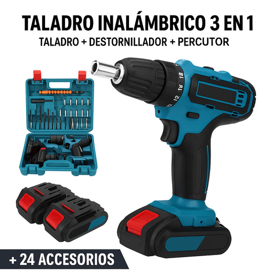 Taladro Inalámbrico 3 en 1 MAKITA | Taladro + Destornillador + Percutor + 26 accesorios y dos baterias.