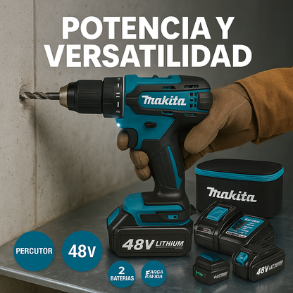 Taladro Inalámbrico 3 en 1 MAKITA | Taladro + Destornillador + Percutor + 26 accesorios y dos baterias.