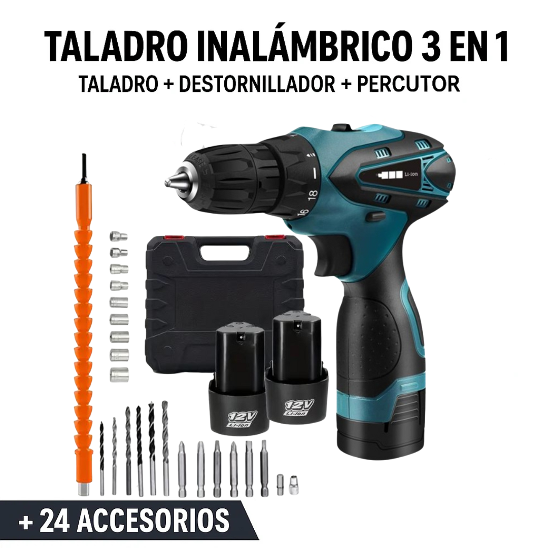 TALADRO INALÁMBRICO con PERCUTOR + 26 ACCESORIOS + 2 BATERIAS..