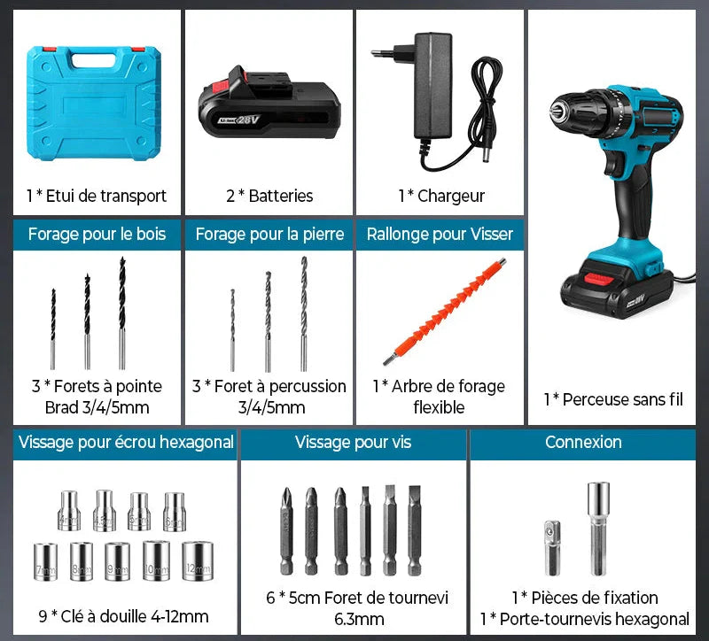 Taladro Inalámbrico 3 en 1 MAKITA | Taladro + Destornillador + Percutor + 26 accesorios y dos baterias.