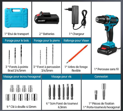 Taladro Inalámbrico 3 en 1 MAKITA | Taladro + Destornillador + Percutor + 26 accesorios y dos baterias.